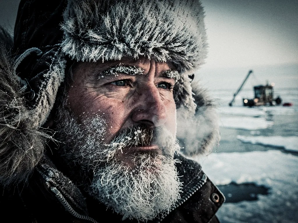 The weathered face of an arctic explorer against a frozen horizon