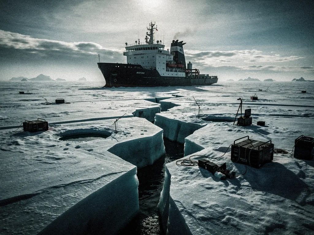 Arctic expedition vessel on frozen waters