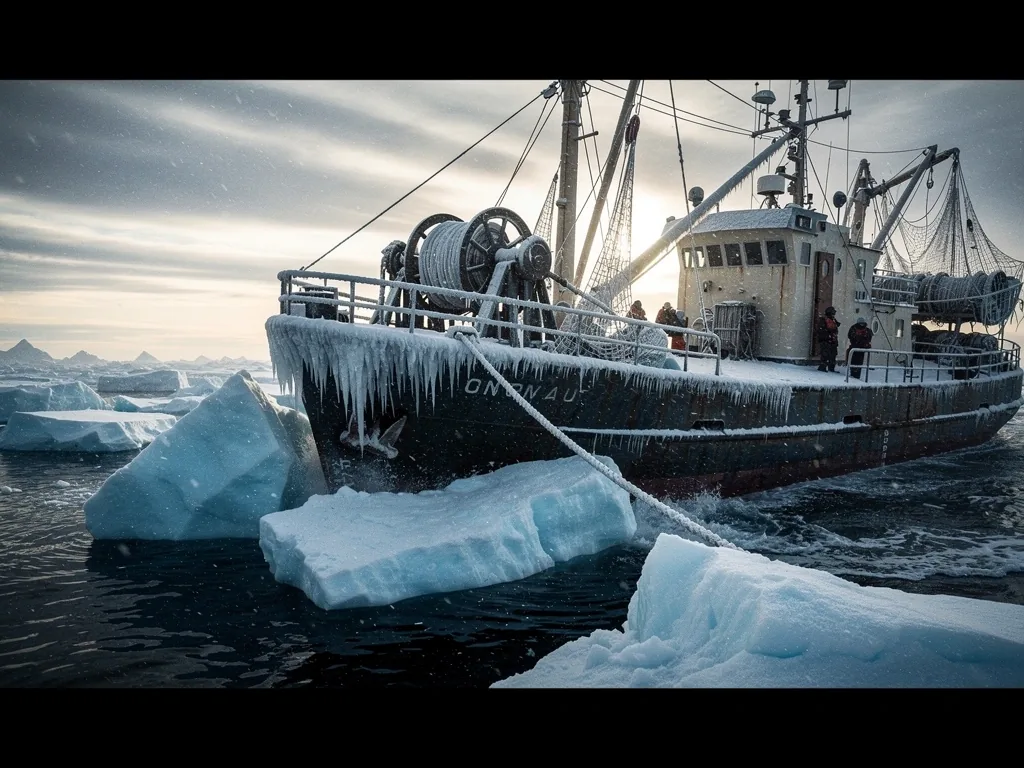 Arctic fishing vessel navigating frozen waters