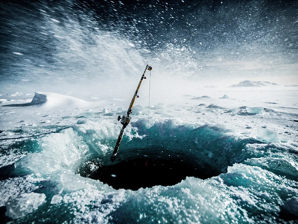 A solitary ice fishing hole in a vast frozen expanse.
