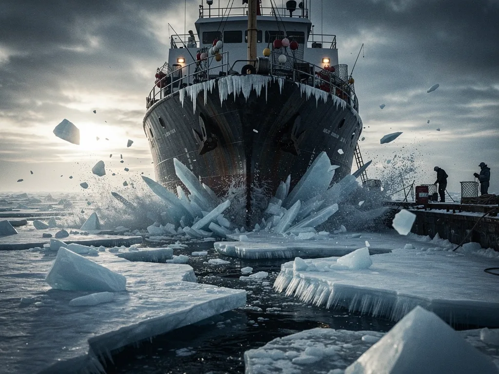Industrial vessel breaking ice.